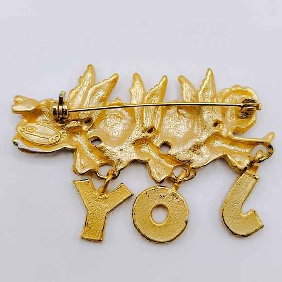 Signed Danecraft Vintage 1990s Gold Tone Enamel Christmas Angels Joy Pin Brooch - Picture 3 of 5